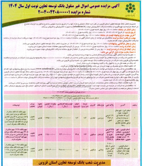 مزایده فروش سه ملک بصورت زیرزمین تجاری، آپارتمان مسکونی و ویلایی مسکونی