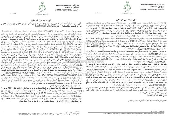 مزایده یک قطعه آپارتمان مسکونی با کاربری مسکونی به پلاک ثبتی 3182 فرعی ...