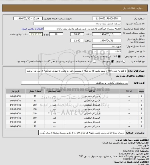 استعلام 8  قلم به تعداد 1450 ست لباس کار دو تیکه / پیشنهاد فنی و مالی به صورت جداگانه الزامی می باشد