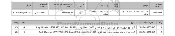 استعلام خرید ولو کرایوژنیک برای کپسول پرکنی