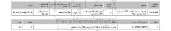 استعلام واتر جت با فشارکاری 700 بار و دبی 120 لیتر در دقیقه