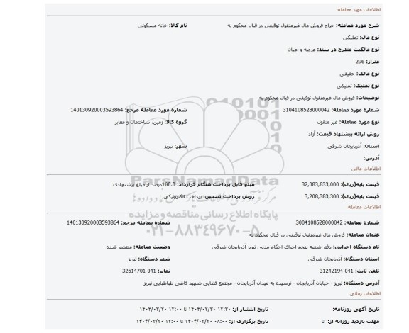 مزایده، فروش مال غیرمنقول توقیفی در قبال محکوم به
