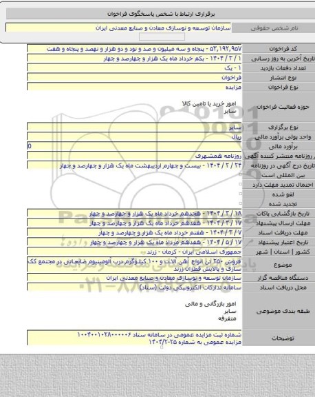 مزایده, فروش ۲۵۰ تن انواع آهن آلات و ۱۰۰ کیلوگرم درب آلومینیوم ضایعاتی در مجتمع کک سازی و پالایش قطران زرند