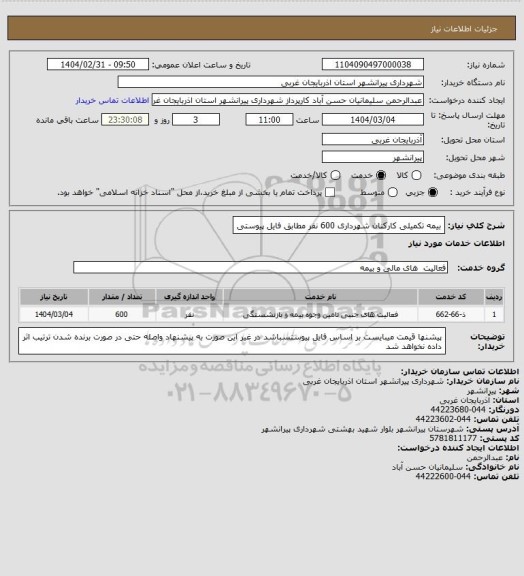 استعلام بیمه تکمیلی کارکنان شهرداری 600 نفر مطابق فایل پیوستی