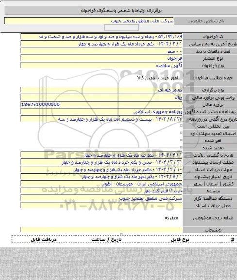 مناقصه, خرید ۷ قلم گیت ولو