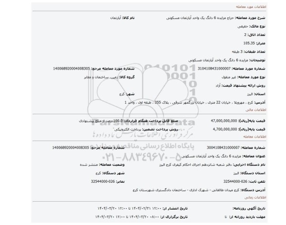 مزایده، مزایده 6 دانگ یک واحد آپارتمان مسکونی