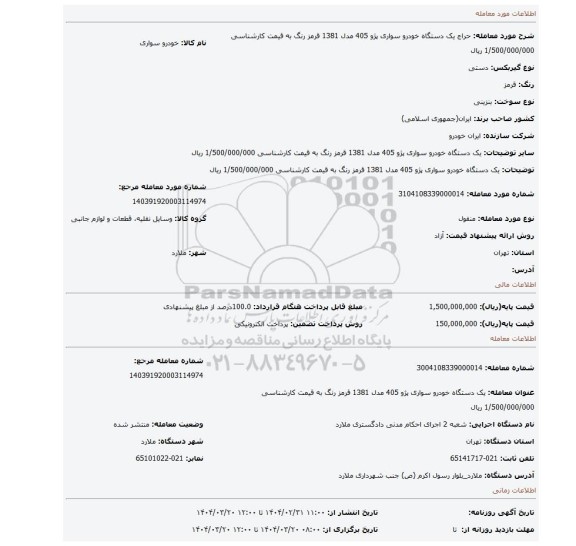 مزایده، یک دستگاه خودرو سواری پژو 405 مدل 1381 قرمز رنگ به قیمت کارشناسی 1/500/000/000 ریال
