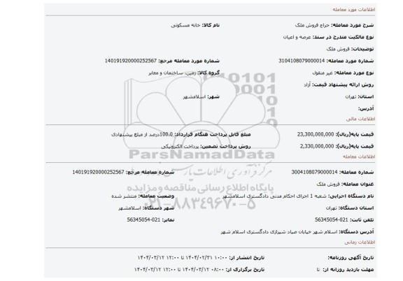 مزایده، فروش ملک