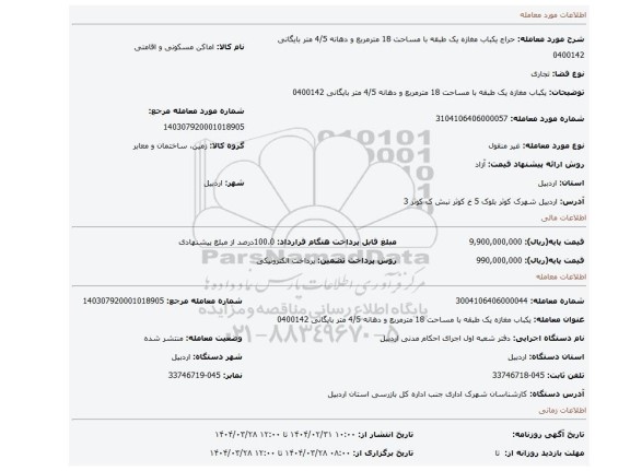 مزایده، یکباب مغازه یک طبقه با مساحت 18 مترمربع و دهانه 4/5 متر بایگانی 0400142