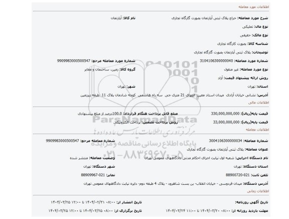 مزایده، پلاک ثبتی آپارتمان بصورت گارگاه تجاری