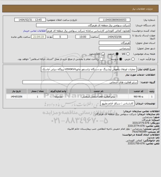 استعلام عملیات اورهال وتعویض بوشینگ دو دستگاه ترانسفور ماتور4500KVA نیروگاه دیزلی جاسک