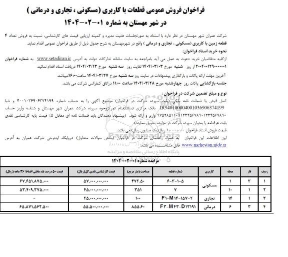 فراخوان فروش عمومی قطعات با کاربری (مسکونی، تجاری و درمانی)