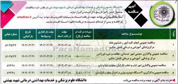 مناقصه عمومی انجام کلیه امور رختشوی خانه مرکز پزشکی آموزشی و درمانی لقمان حکیم ...