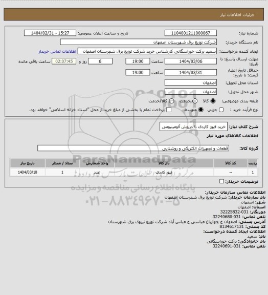 استعلام خرید فیوز کاردی با درپوش آلومینیومی