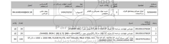 استعلام انواع مصالح ومقاطع فلزی ساختمان