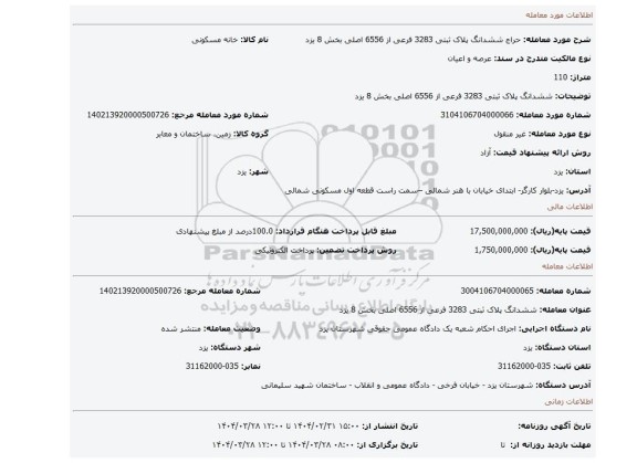 مزایده، ششدانگ پلاک ثبتی 3283 فرعی از 6556 اصلی بخش 8 یزد