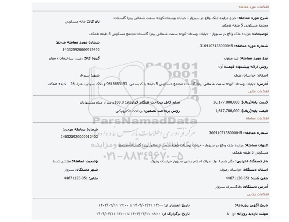 مزایده، مزایده ملک واقع در سبزوار - خیابان بوستان-کوچه سمت شمالی پیتزا گلستان-مجتمع مسکونی 5 طبقه همکف