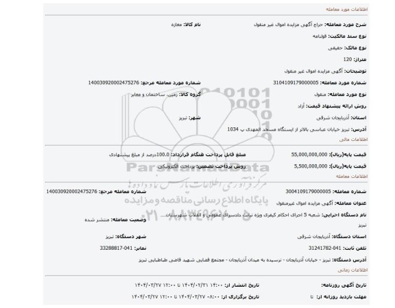 مزایده، آگهی مزایده اموال غیر منقول