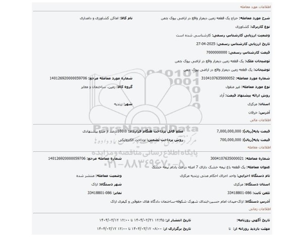 مزایده، یک قطعه زمین دیمزار واقع در اراضی بیوک چمن