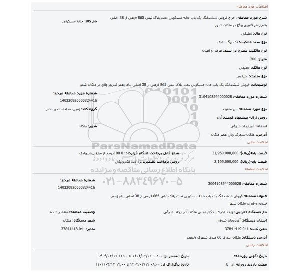 مزایده، فروش ششدانگ یک باب خانه مسکونی تحت پلاک ثبتی 865 فرعی از 38 اصلی بنام زعفر قنبرپور واقع در ملکان شهر