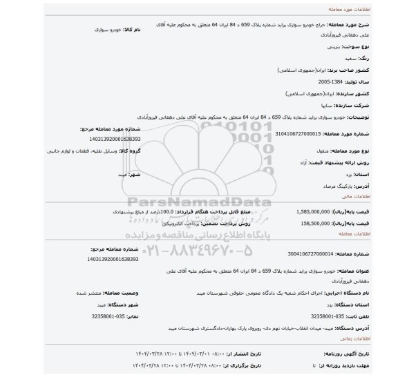 مزایده، خودرو سواری پراید شماره پلاک 659 د 84 ایران 64 متعلق به محکوم علیه آقای علی دهقانی فیروزآبادی