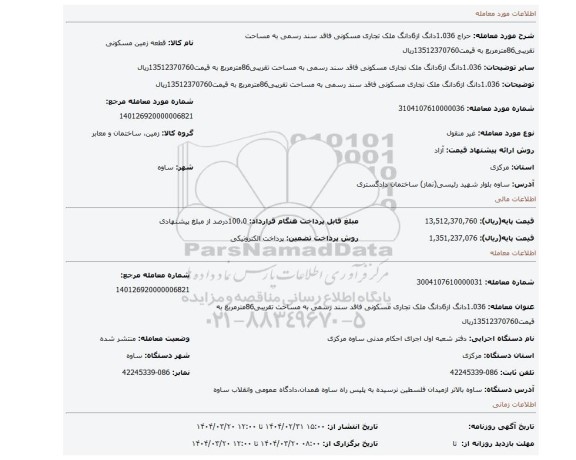 مزایده، 1.036دانگ از6دانگ ملک تجاری مسکونی فاقد سند رسمی به مساحت تقریبی86مترمربع به قیمت13512370760ریال