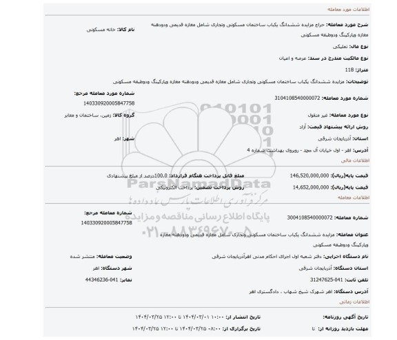 مزایده، مزایده ششدانگ یکباب ساختمان مسکونی وتجاری شامل  مغازه قدیمی ودودهنه مغازه وپارکینگ ودوطبقه مسکونی