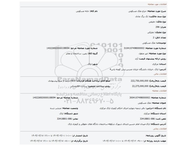 مزایده، ملک مسکونی