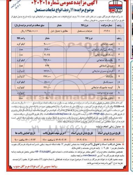 مزایده : 11 ردیف انواع ضایعات مستعمل شامل چوب ضایعاتی ...
