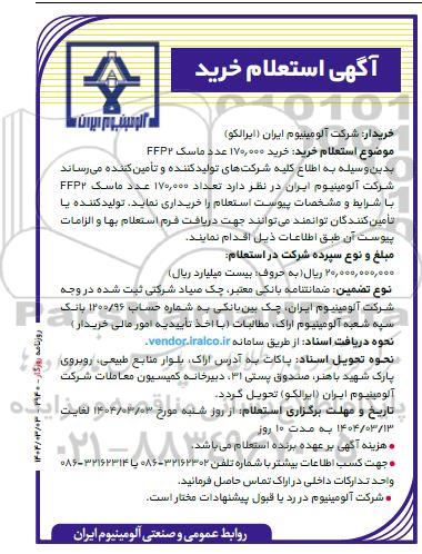 استعلام خرید 170.000 عدد ماسک FFP2 