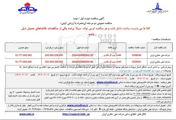 مناقصه عمومی قطعات پمپ گل حفاری