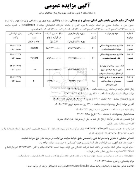 مزایده واگذاری بهره وری پارک جنگلی و ...