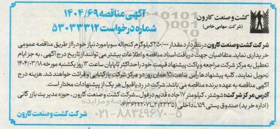 مناقصه مقدار 250.000 کیلوگرم کنجاله سویا