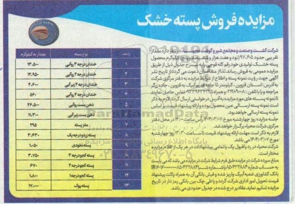 مزایده فروش پسته خشک