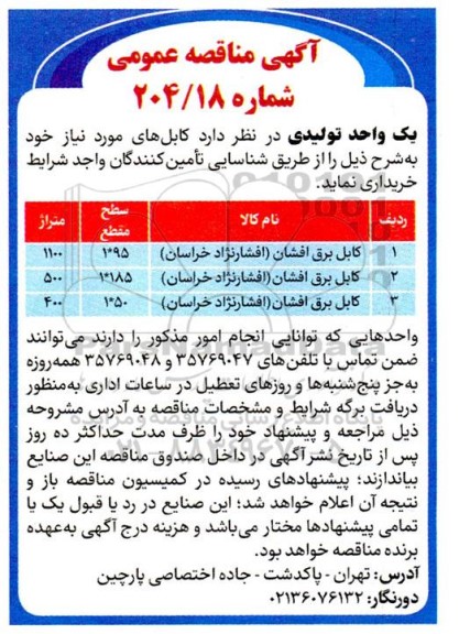 مناقصه کابل برق افشان