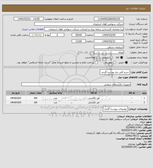 استعلام شرح کلی نیاز پیوست گردید