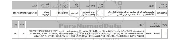 استعلام ترانسفورماتور 20-15 مگاولت آمپری مربوط به اتاق برق 631-609 و پست 18 به همراه کیبل باکس
