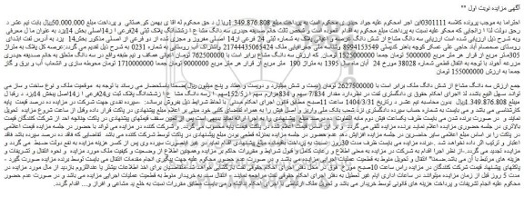 مزایده سه دانگ مشاع از شش دانگ عرصه و اعیانی پلاک به شماره ثبتی 24 فرعی از14 اصلی مفروز و مجزی شده از دو فرعی از اصلی