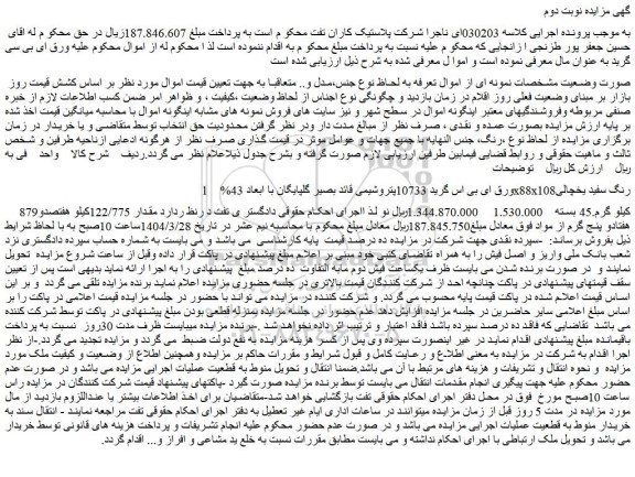 مزایده 1. ورق ای بی اس گرید 10733پتروشیمی قائد بصیر گلپایگان با ابعاد 43%x88x108رنگ سفید یخچالی