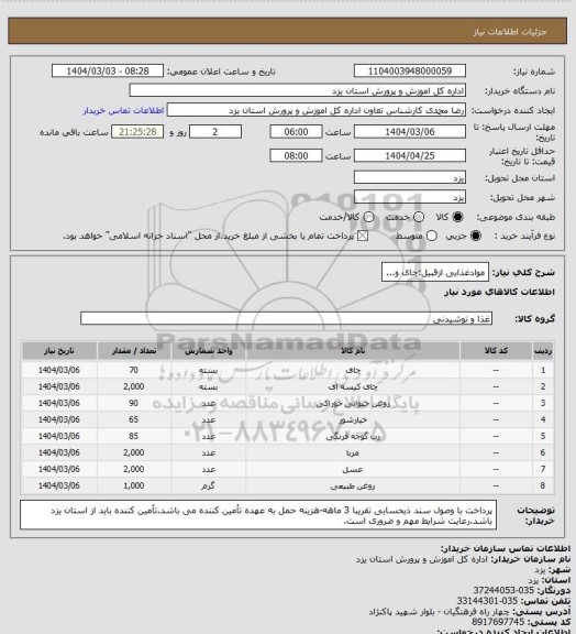 استعلام موادغذایی ازقبیل:چای و...