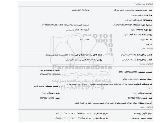 مزایده، فروش اقلام خوراکی