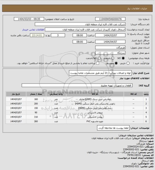 استعلام لوله و اتصالات نیوپایپ/ 21 آیتم طبق مشخصات تقاضا پیوست