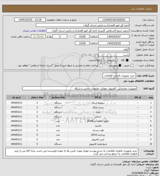 استعلام خرید تجهیزات فناوری اطلاعات