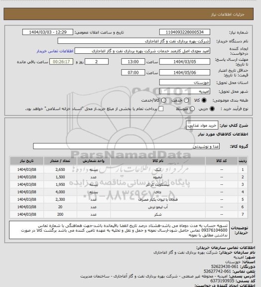 استعلام خرید مواد غذایی