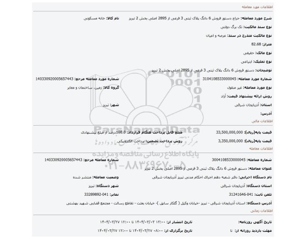 مزایده، دستور فروش 6 دانگ پلاک ثبتی 3 فرعی از 2895 اصلی بخش 2 تبریز