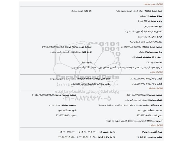 مزایده، فروش خودرو محکوم علیه