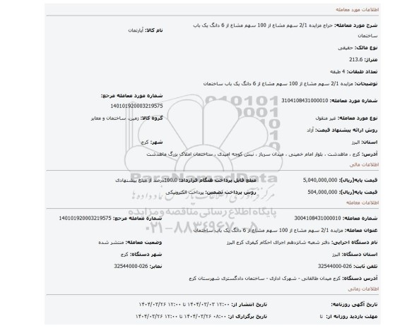 مزایده، مزایده 2/1 سهم مشاع از 100 سهم مشاع از 6 دانگ یک باب ساختمان