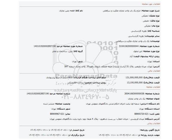 مزایده، یک باب واحد تجاری ملکیت و سرقفلی