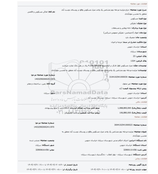 مزایده، مزایده مرحله دوم مشاعی یک واحد منزل مسکونی واقع در روستای دوست آباد متعلق به محسن محمدآبادی