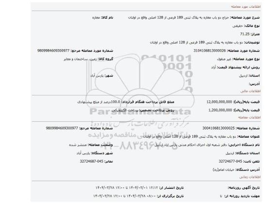 مزایده، دو باب مغازه به پلاک ثبتی 189 فرعی از 128 اصلی  واقع در اولتان